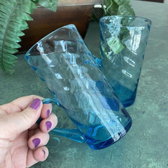 Vintage hand blown blue Irish coffee handled glasses unique swirl display flaws - Picture 4 of 10